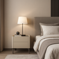 Modern Minimalist Beige Nightstand: Black Tempered Glass Top - Dual-Drawer Storage Bedside Table For Bedroom Lumendat