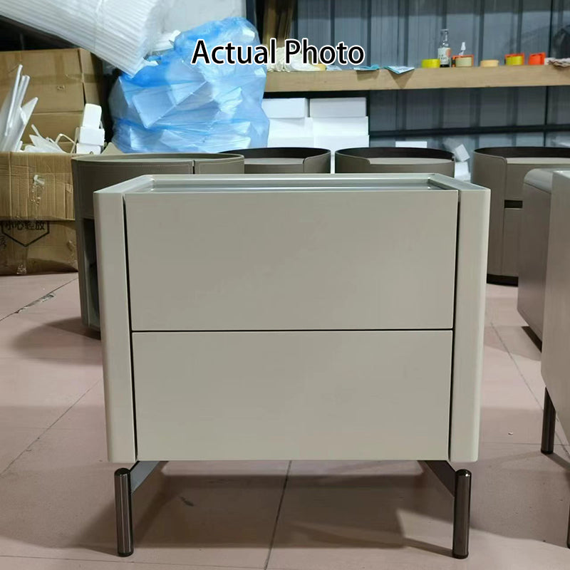 Modern Minimalist Beige Nightstand: Black Tempered Glass Top - Dual-Drawer Storage Bedside Table For Bedroom Lumendat