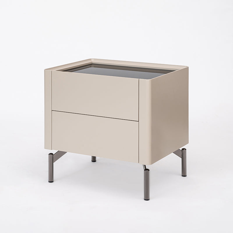 Modern Minimalist Beige Nightstand: Black Tempered Glass Top - Dual-Drawer Storage Bedside Table For Bedroom Lumendat
