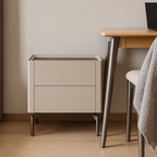 Modern Minimalist Beige Nightstand: Black Tempered Glass Top - Dual-Drawer Storage Bedside Table For Bedroom Lumendat