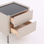 Modern Minimalist Beige Nightstand: Black Tempered Glass Top - Dual-Drawer Storage Bedside Table For Bedroom Lumendat
