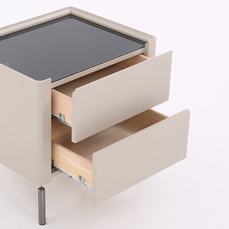 Modern Minimalist Beige Nightstand: Black Tempered Glass Top - Dual-Drawer Storage Bedside Table For Bedroom Lumendat