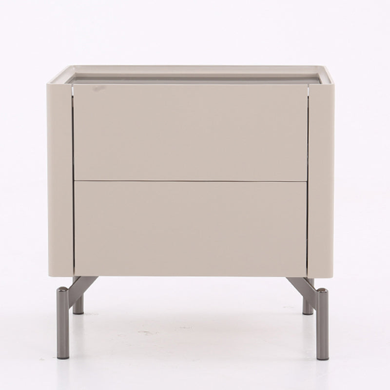 Modern Minimalist Beige Nightstand: Black Tempered Glass Top - Dual-Drawer Storage Bedside Table For Bedroom Lumendat