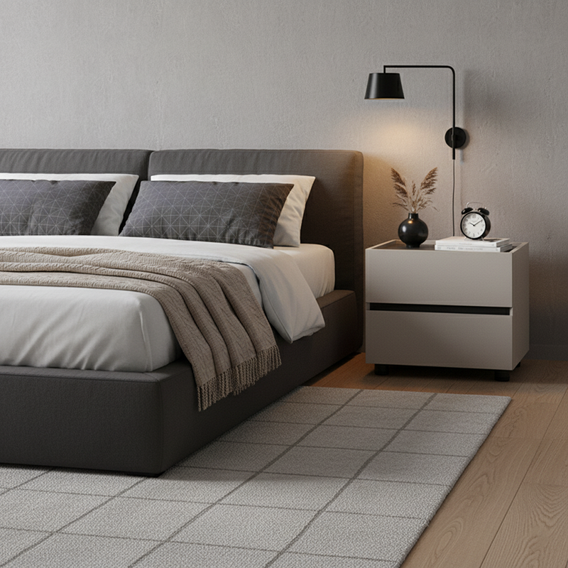 Modern Minimalist Dual-Drawer Nightstand: Light Luxury - Greige Neutral Storage Bedside Table For Bedroom Lumendat