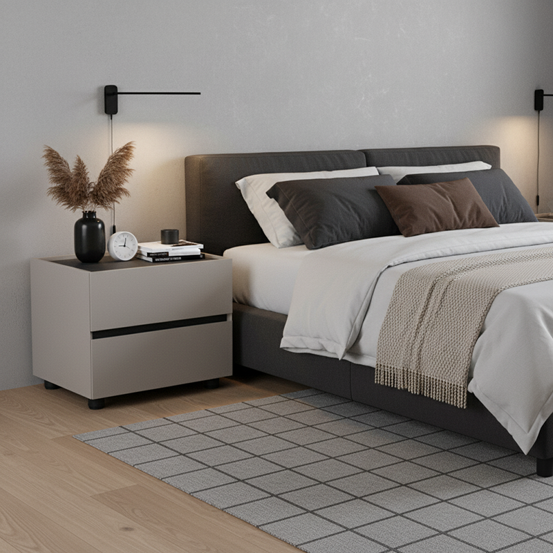 Modern Minimalist Dual-Drawer Nightstand: Light Luxury - Greige Neutral Storage Bedside Table For Bedroom Lumendat