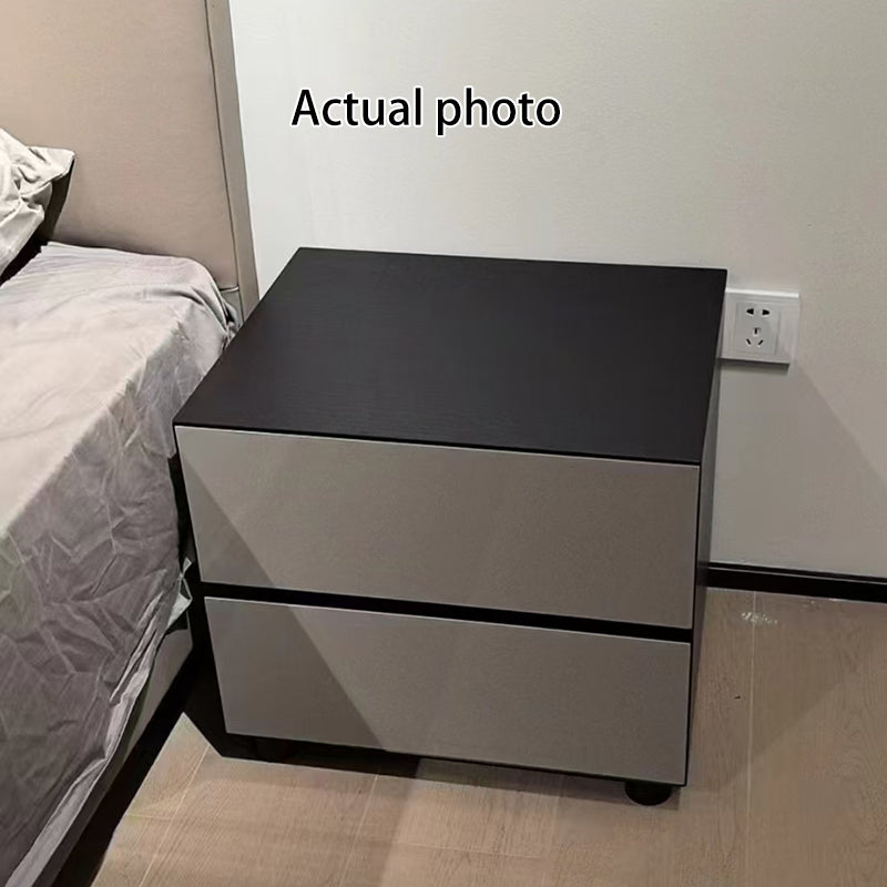 Modern Minimalist Dark-Tone Nightstand: Symmetrical Dual-Drawer - Lacquered Finish Bedside Accent Table For Bedroom Lumendat