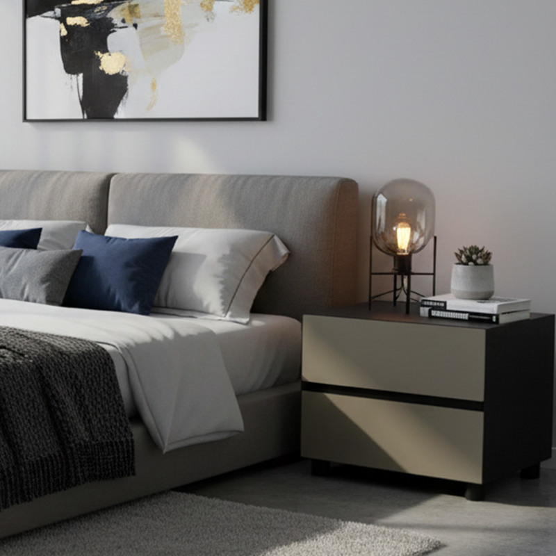 Modern Minimalist Dark-Tone Nightstand: Symmetrical Dual-Drawer - Lacquered Finish Bedside Accent Table For Bedroom Lumendat