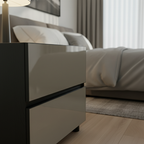 Modern Minimalist Dark-Tone Nightstand: Symmetrical Dual-Drawer - Lacquered Finish Bedside Accent Table For Bedroom Lumendat