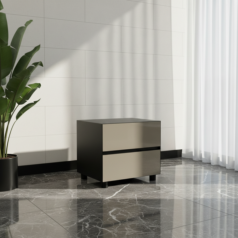Modern Minimalist Dark-Tone Nightstand: Symmetrical Dual-Drawer - Lacquered Finish Bedside Accent Table For Bedroom Lumendat
