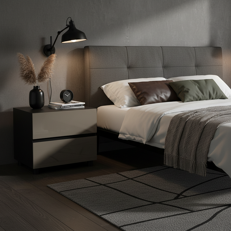 Modern Minimalist Dark-Tone Nightstand: Symmetrical Dual-Drawer - Lacquered Finish Bedside Accent Table For Bedroom Lumendat