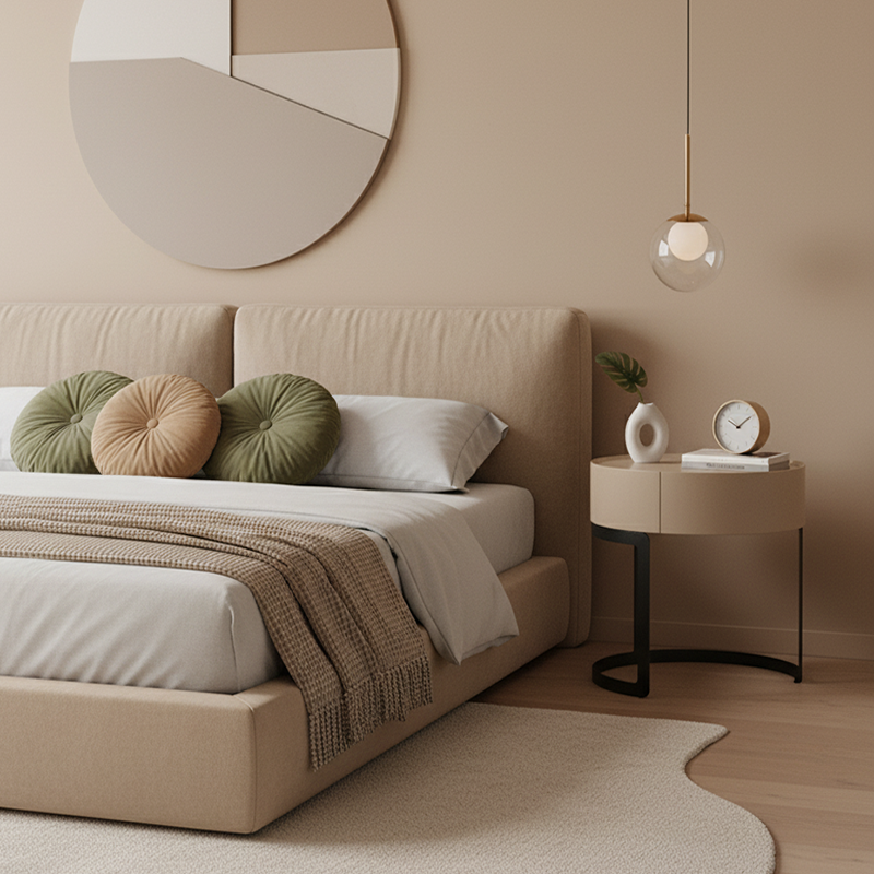 Modern Luxury French Cream-Style Single-Drawer Nightstand: Beige Lacquer Finish - Floating Storage Bedside Table For Bedroom Lumendat