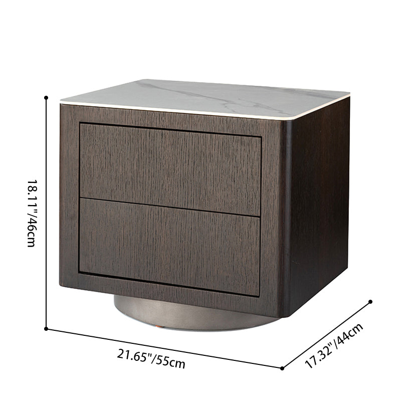 Traditional Vintage Square Nightstand: White Stone Slab-Top Dual-Drawer American-Style Veneered - Solid Wood Texture Bedside Table For Bedroom Lumendat