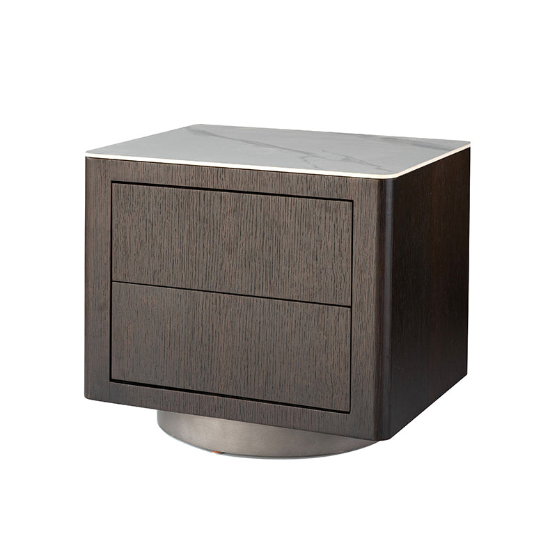 Traditional Vintage Square Nightstand: White Stone Slab-Top Dual-Drawer American-Style Veneered - Solid Wood Texture Bedside Table For Bedroom Lumendat