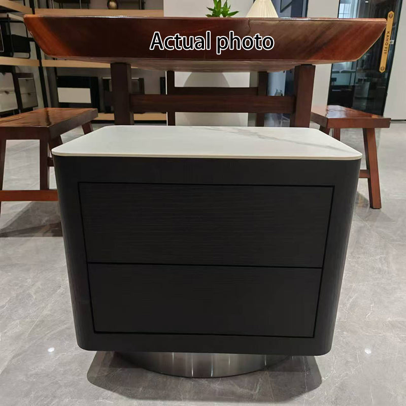 Traditional Vintage Square Nightstand: White Stone Slab-Top Dual-Drawer American-Style Veneered - Solid Wood Texture Bedside Table For Bedroom Lumendat