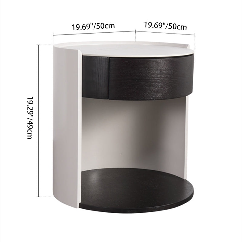 Modern Luxury Round Veneered - Solid Wood Texture Nightstand: Single Drawer Storage - Curved Aesthetic Bedside Table For Bedroom Lumendat