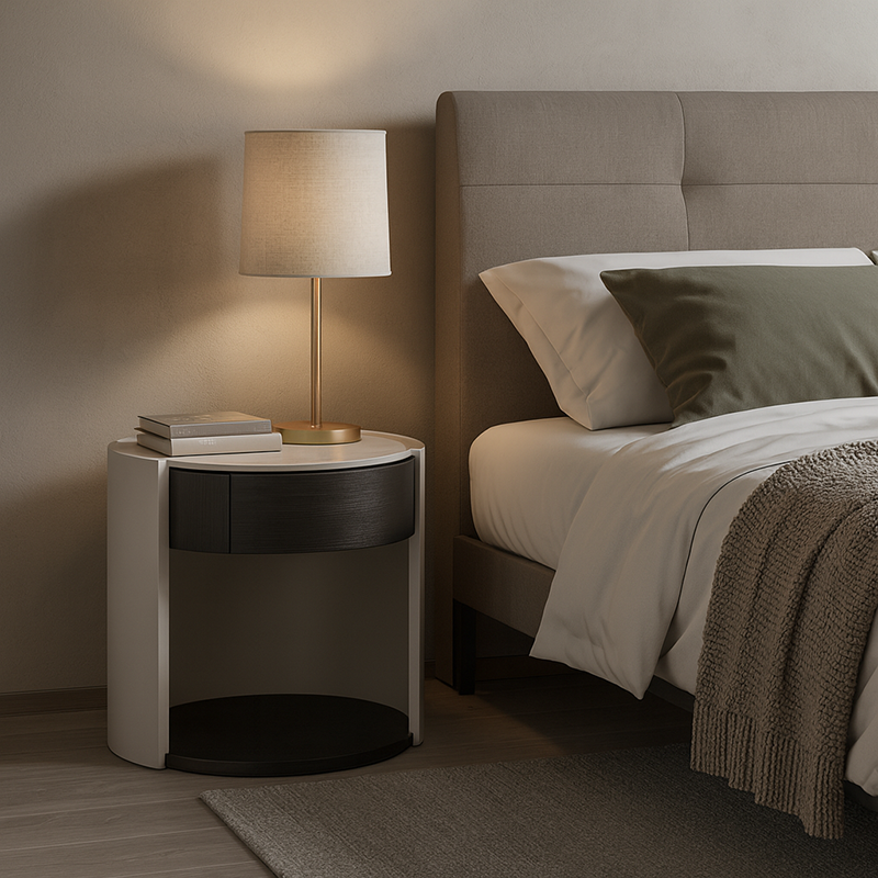 Modern Luxury Round Veneered - Solid Wood Texture Nightstand: Single Drawer Storage - Curved Aesthetic Bedside Table For Bedroom Lumendat