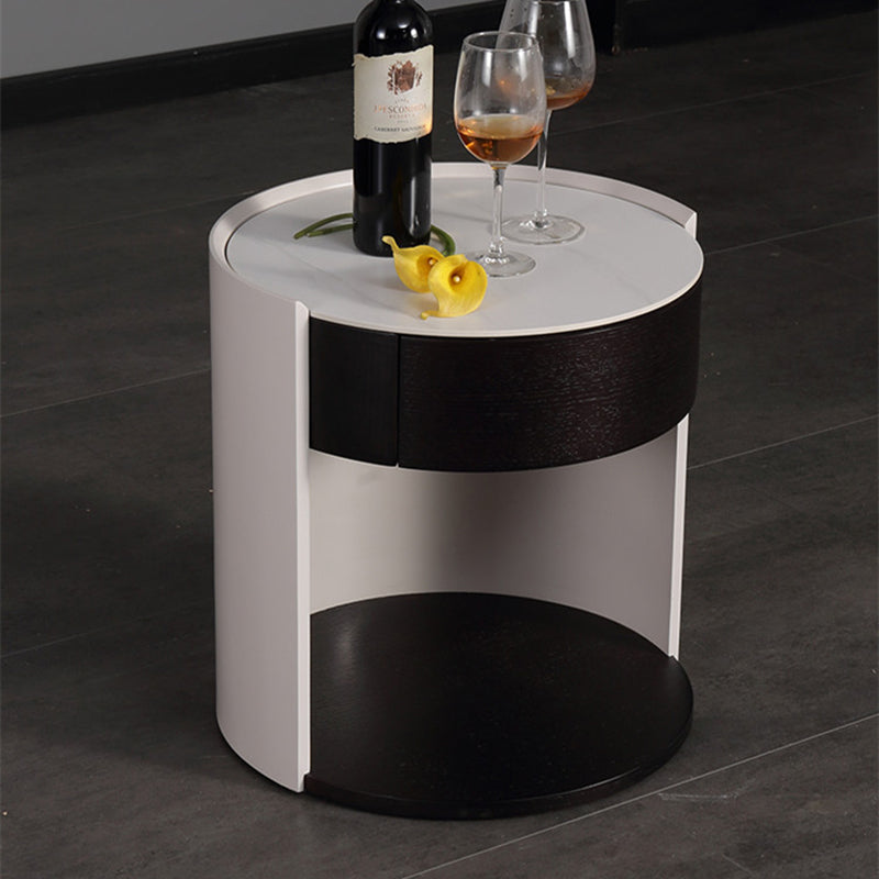 Modern Luxury Round Veneered - Solid Wood Texture Nightstand: Single Drawer Storage - Curved Aesthetic Bedside Table For Bedroom Lumendat