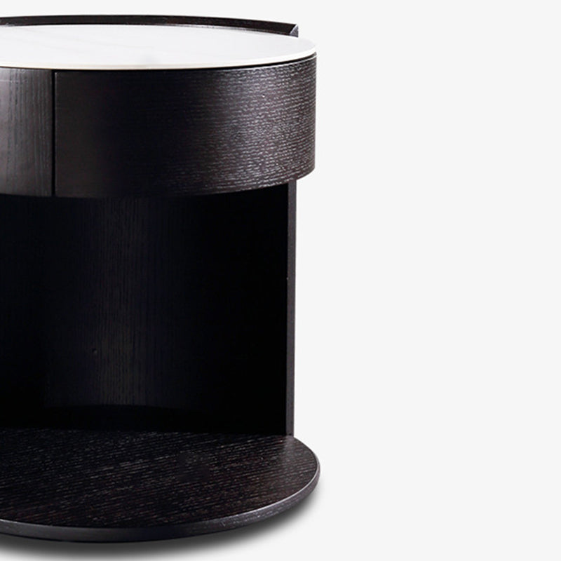 Modern Luxury Round Veneered - Solid Wood Texture Nightstand: Single Drawer Storage - Curved Aesthetic Bedside Table For Bedroom Lumendat