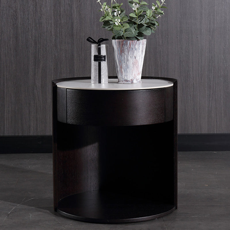 Modern Luxury Round Veneered - Solid Wood Texture Nightstand: Single Drawer Storage - Curved Aesthetic Bedside Table For Bedroom Lumendat