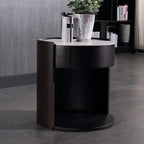 Modern Luxury Round Veneered - Solid Wood Texture Nightstand: Single Drawer Storage - Curved Aesthetic Bedside Table For Bedroom Lumendat
