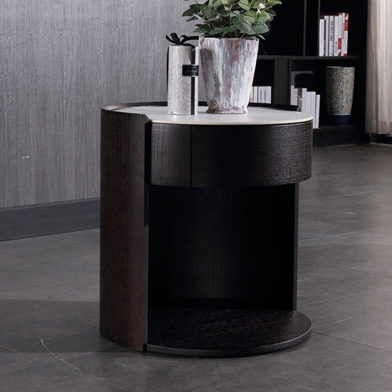 Modern Luxury Round Veneered - Solid Wood Texture Nightstand: Single Drawer Storage - Curved Aesthetic Bedside Table For Bedroom Lumendat