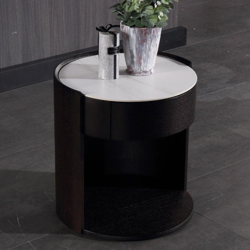 Modern Luxury Round Veneered - Solid Wood Texture Nightstand: Single Drawer Storage - Curved Aesthetic Bedside Table For Bedroom Lumendat
