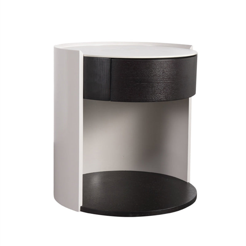Modern Luxury Round Veneered - Solid Wood Texture Nightstand: Single Drawer Storage - Curved Aesthetic Bedside Table For Bedroom Lumendat