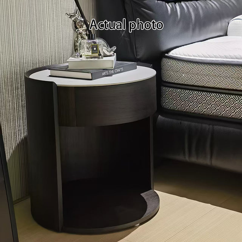 Modern Luxury Round Veneered - Solid Wood Texture Nightstand: Single Drawer Storage - Curved Aesthetic Bedside Table For Bedroom Lumendat