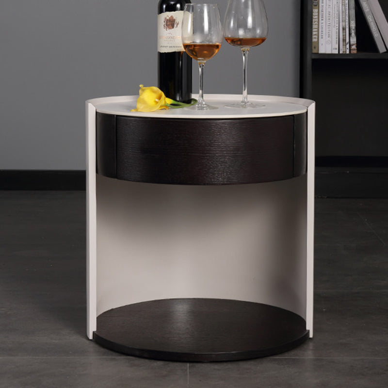 Modern Luxury Round Veneered - Solid Wood Texture Nightstand: Single Drawer Storage - Curved Aesthetic Bedside Table For Bedroom Lumendat
