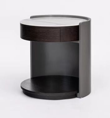 Modern Luxury Round Veneered - Solid Wood Texture Nightstand: Single Drawer Storage - Curved Aesthetic Bedside Table For Bedroom Lumendat