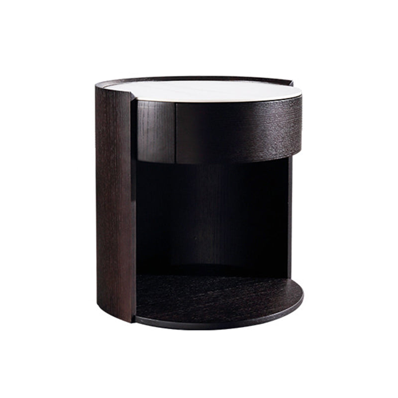 Modern Luxury Round Veneered - Solid Wood Texture Nightstand: Single Drawer Storage - Curved Aesthetic Bedside Table For Bedroom Lumendat