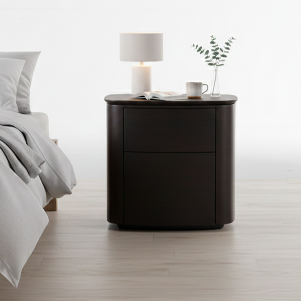 Modern Minimalist Dual-Drawer Nightstand: Smoked Wood Color Veneered Curved Panel Craftsmanship - Sophisticated Wood-Toned Storage Bedside Table For Bedroom Lumendat