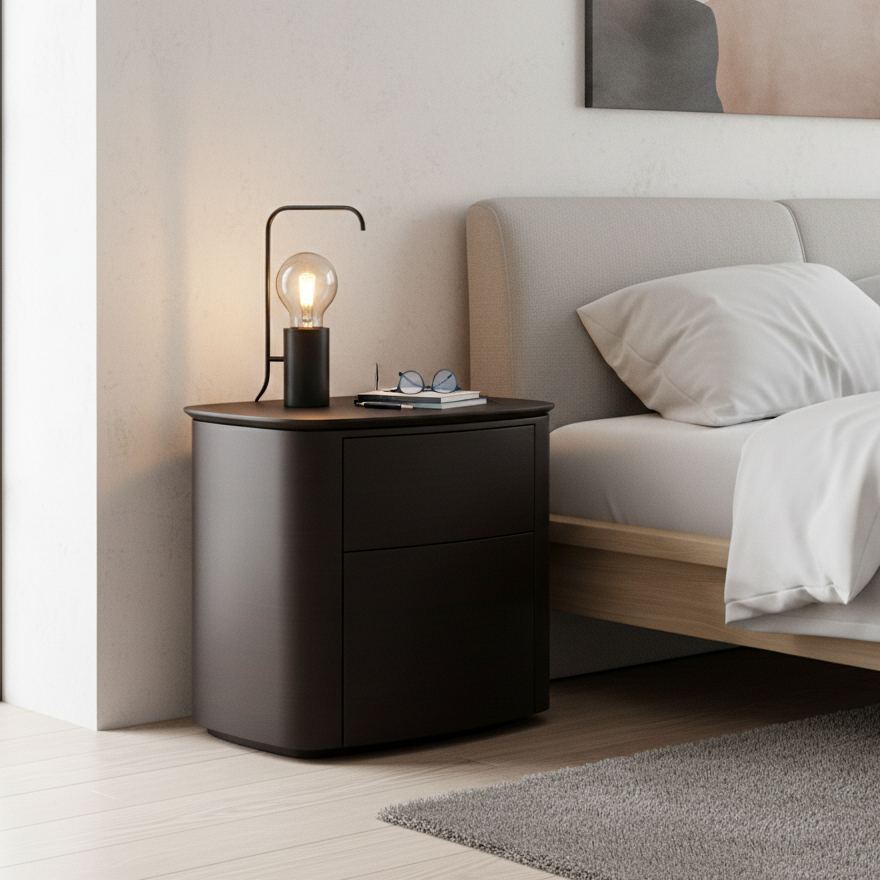 Modern Minimalist Dual-Drawer Nightstand: Smoked Wood Color Veneered Curved Panel Craftsmanship - Sophisticated Wood-Toned Storage Bedside Table For Bedroom Lumendat
