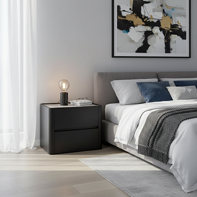 Modern Minimalist Black Dual-Drawer Nightstand: Sleek Rectangular Design - Efficient Storage Bedside Table For Bedroom Lumendat