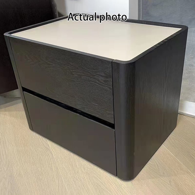 Modern Minimalist Black Dual-Drawer Nightstand: Sleek Rectangular Design - Efficient Storage Bedside Table For Bedroom Lumendat