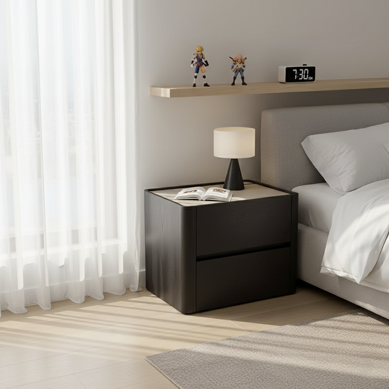 Modern Minimalist Black Dual-Drawer Nightstand: Sleek Rectangular Design - Efficient Storage Bedside Table For Bedroom Lumendat