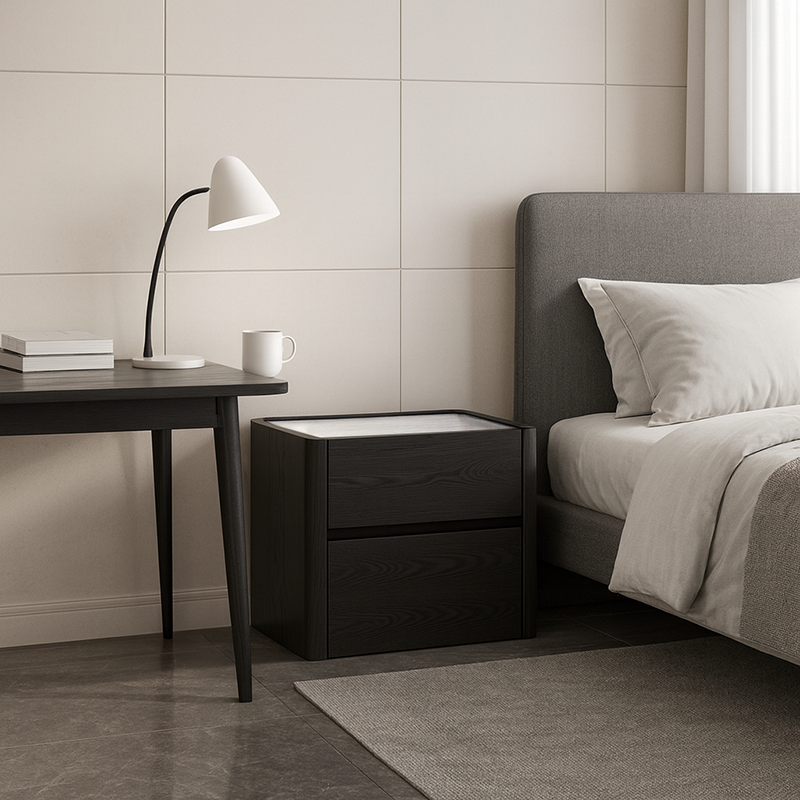 Modern Minimalist Black Dual-Drawer Nightstand: Sleek Rectangular Design - Efficient Storage Bedside Table For Bedroom Lumendat