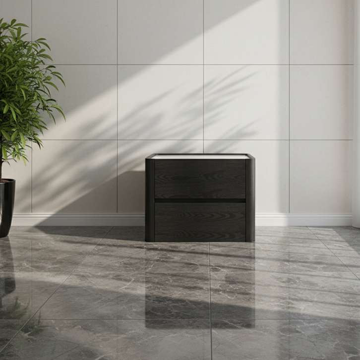 Modern Minimalist Black Dual-Drawer Nightstand: Sleek Rectangular Design - Efficient Storage Bedside Table For Bedroom Lumendat