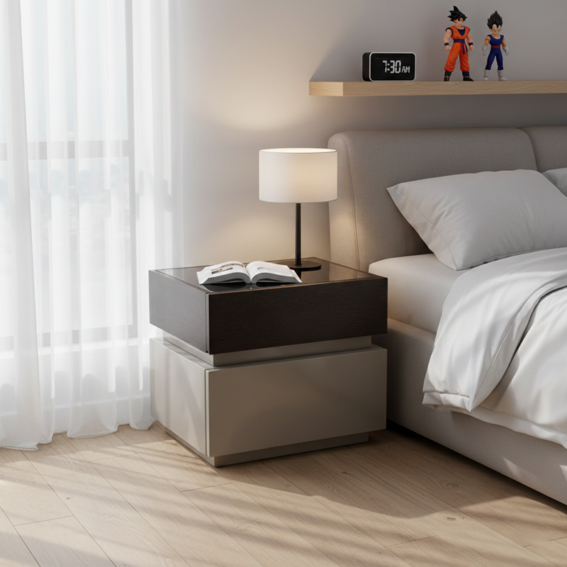 Modern Minimalist Dual-Drawer Storage Nightstand: Black & White Contrast Design - Smart Bedside Table With Sensor Light For Bedroom Lumendat