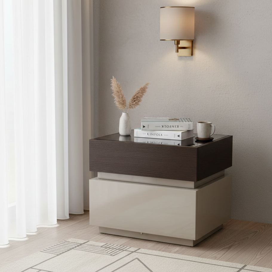 Modern Minimalist Dual-Drawer Storage Nightstand: Black & White Contrast Design - Smart Bedside Table With Sensor Light For Bedroom Lumendat