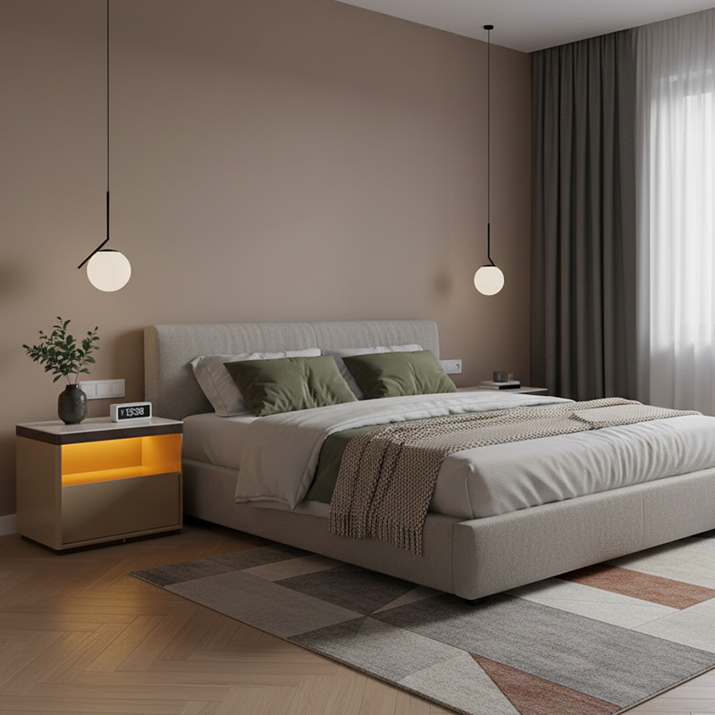 Modern Minimalist Off-White Nightstand: Marble Top & Motion-Sensor Light Design - Quiet Single-Drawer Storage Bedside Table For Bedroom Lumendat
