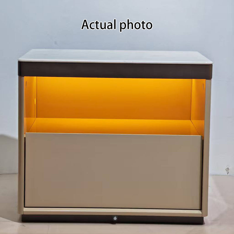 Modern Minimalist Off-White Nightstand: Marble Top & Motion-Sensor Light Design - Quiet Single-Drawer Storage Bedside Table For Bedroom Lumendat