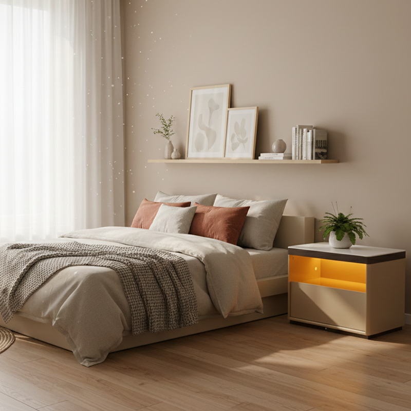 Modern Minimalist Off-White Nightstand: Marble Top & Motion-Sensor Light Design - Quiet Single-Drawer Storage Bedside Table For Bedroom Lumendat