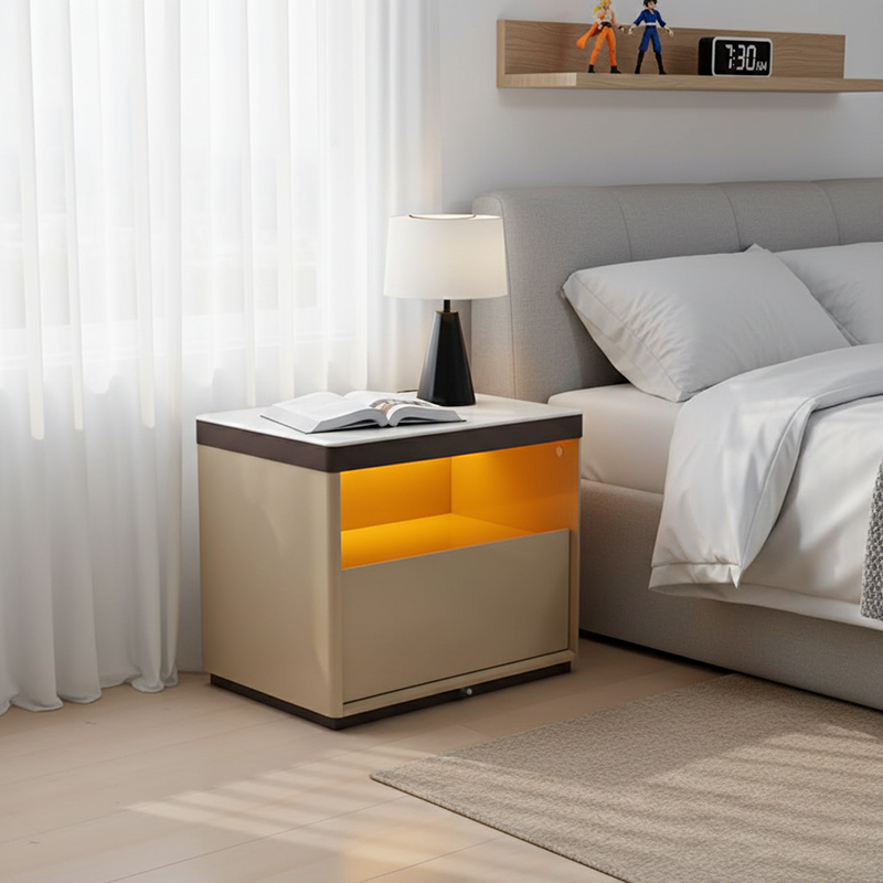 Modern Minimalist Off-White Nightstand: Marble Top & Motion-Sensor Light Design - Quiet Single-Drawer Storage Bedside Table For Bedroom Lumendat
