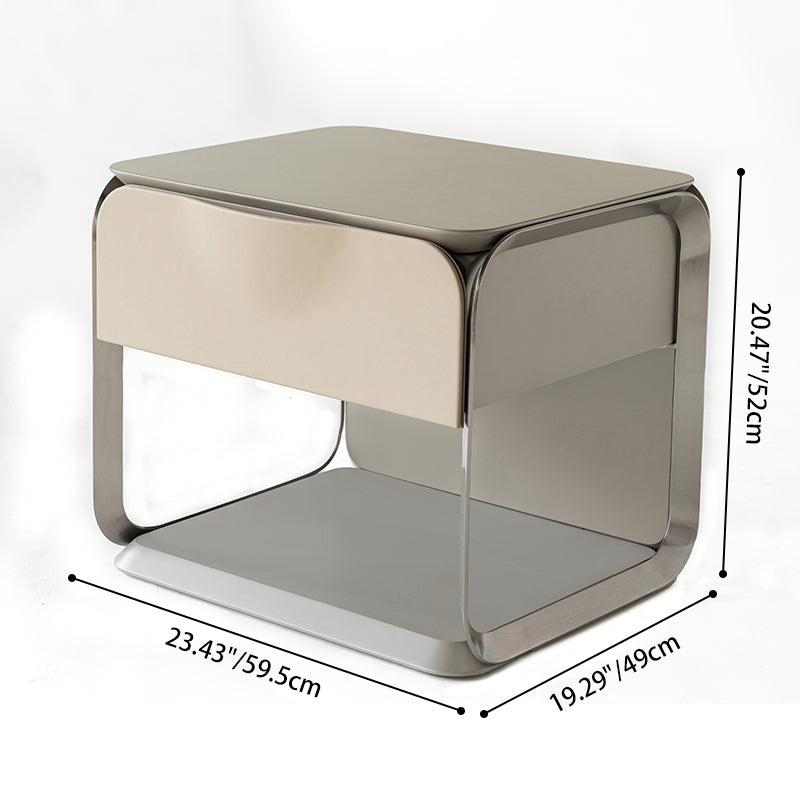 Modern Luxury White & Silver Nightstand : Floating Design Microfiber Leather Drawer Front - Single Drawer Bedside Table For Bedroom Lumendat