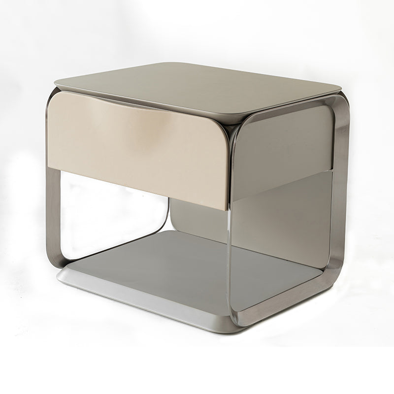 Modern Luxury White & Silver Nightstand : Floating Design Microfiber Leather Drawer Front - Single Drawer Bedside Table For Bedroom Lumendat