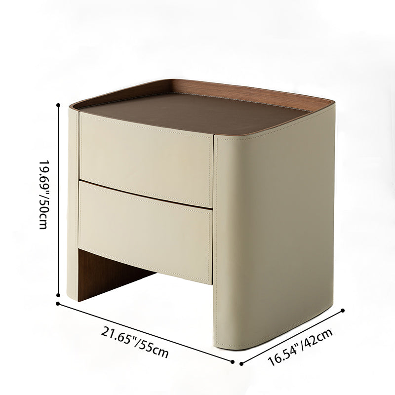 Modern Luxury Beige Nightstand: Floating Design & Saddle Leather Finish - Double Drawer Bedside Table For Bedroom Lumendat