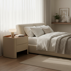 Modern Luxury Beige Nightstand: Floating Design & Saddle Leather Finish - Double Drawer Bedside Table For Bedroom Lumendat