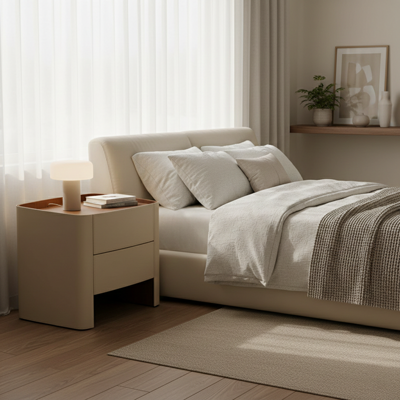 Modern Luxury Beige Nightstand: Floating Design & Saddle Leather Finish - Double Drawer Bedside Table For Bedroom Lumendat