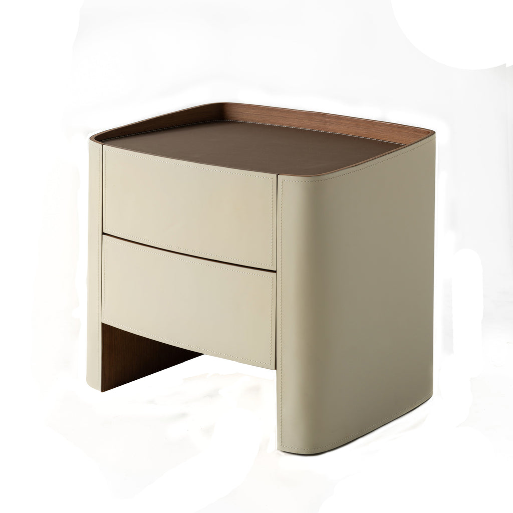 Modern Luxury Beige Nightstand: Floating Design & Saddle Leather Finish - Double Drawer Bedside Table For Bedroom Lumendat
